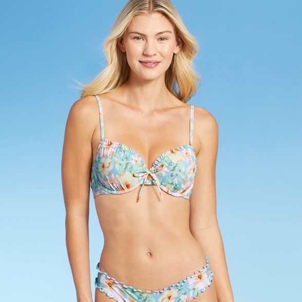 Women's Lightly Lined Ruffle Detail Tie-Front Bikini Top - Shade & Shore™ Light Blue Floral | Target