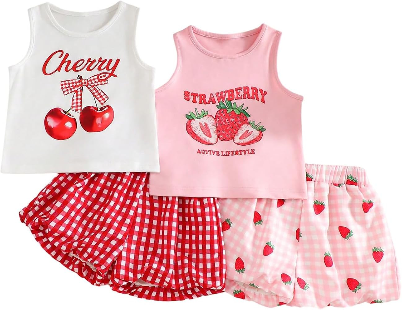 RoseSeek Girl's 4 Piece Summer Outfits Cherry Strawberry Print Tank Tops with Plaid Mini Shorts C... | Amazon (US)