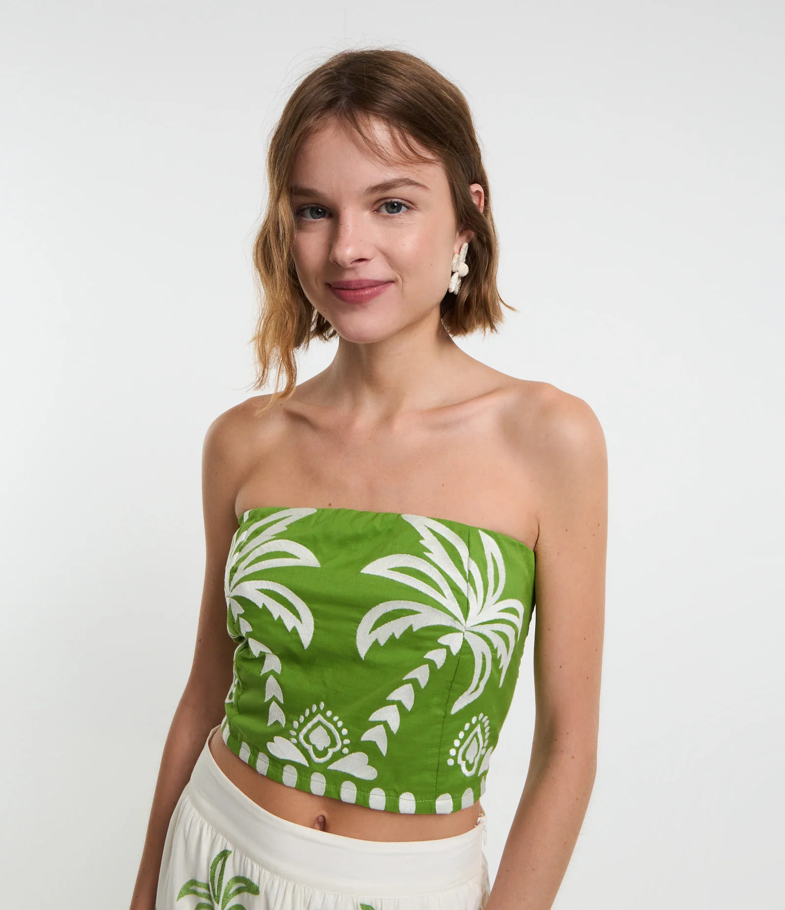 Blusa Cropped Sem Alça em Tricoline com Estampa Coqueiros Verde - Lojas Renner | Renner (BR)