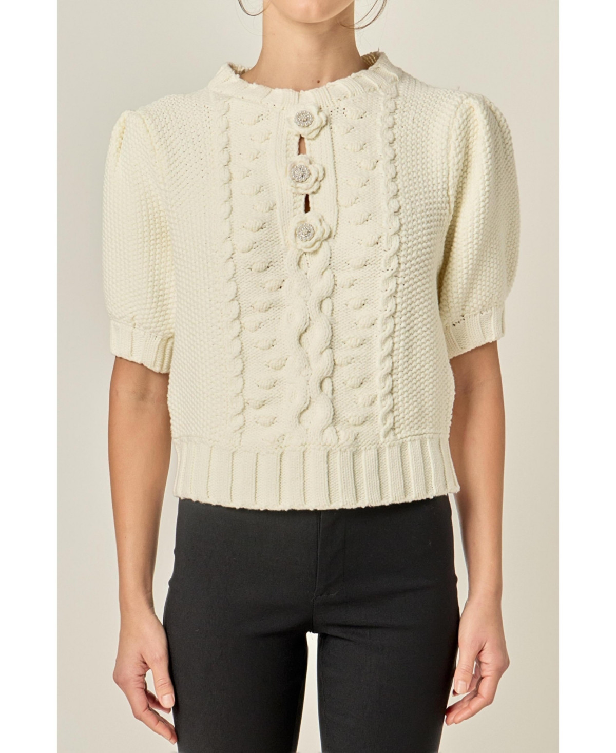 English Factory Women's Cable Puff Sleeve Knit with Flower Details - Off white | Macy's