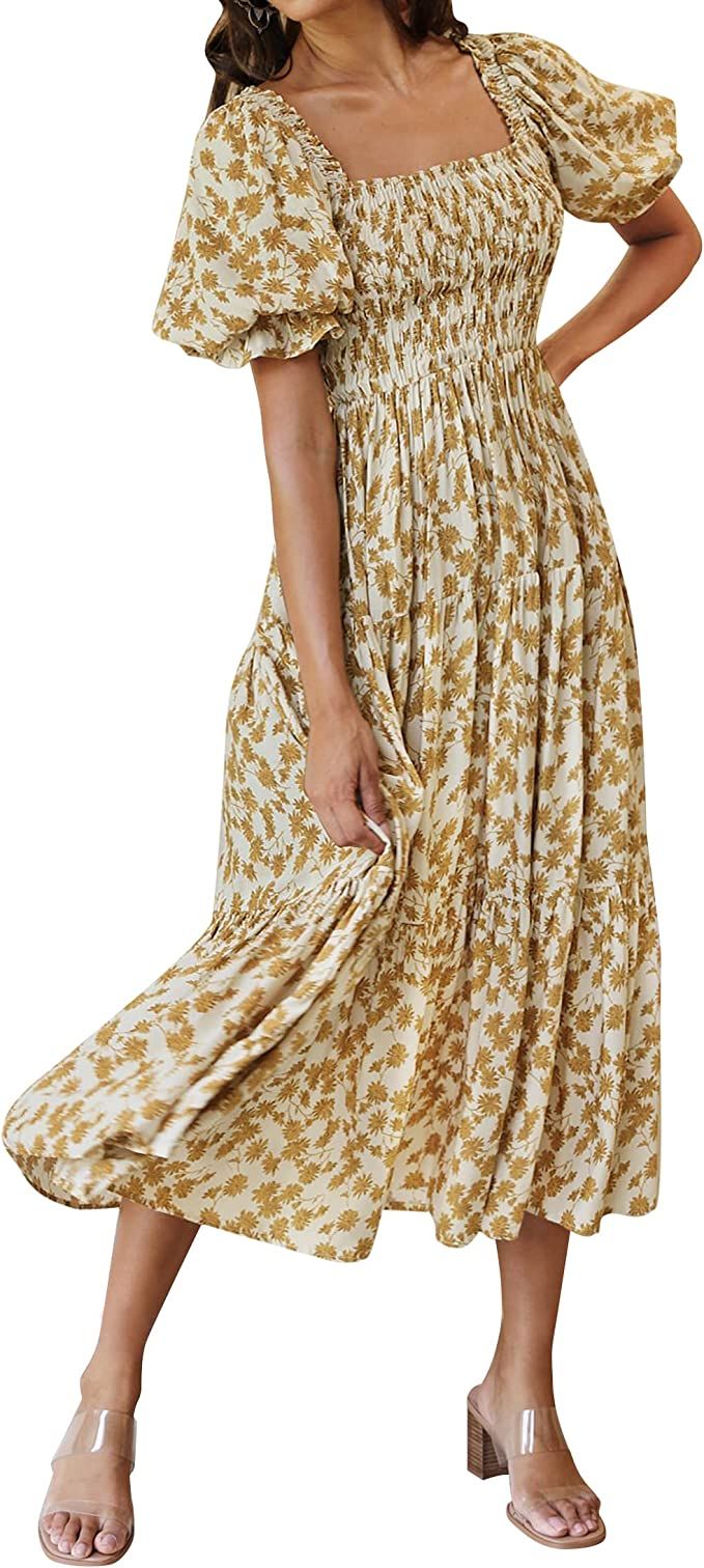 ZESICA Women's Summer Boho Floral Print Square Neck Ruffle Swing Beach Long Maxi Dress | Amazon (US)