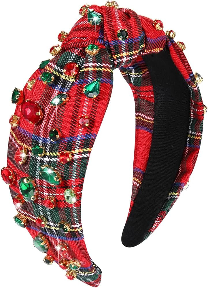 boderier Christmas Headbands for Women Red Plaid Headband Jeweled Crystal Wide Knotted Headband Xmas Holiday Hair Accessories Gifts (Red Plaid) | Amazon (US)