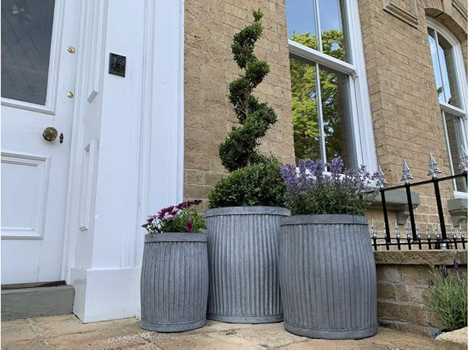 Casadomu Set Of 3 Galvanised Round Tubs Rustic Metal Cylinder Outdoor Flower Planters New | Amazon (UK)