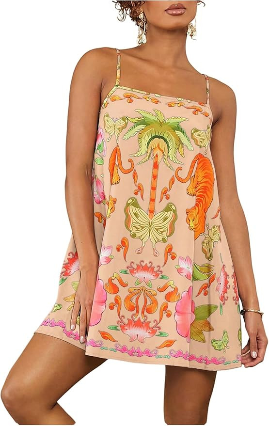 Floerns Women's Tropical Sleeveless Cami Dress Loose Holiday A Line Mini Dresses | Amazon (US)