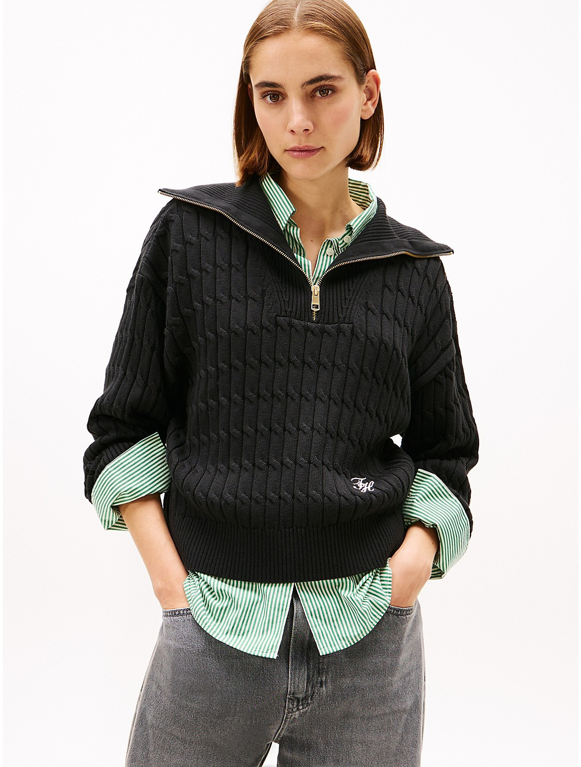 Tommy Hilfiger Women's Cable Knit Quarter-Zip Sweater - Black - M | Tommy Hilfiger (US)