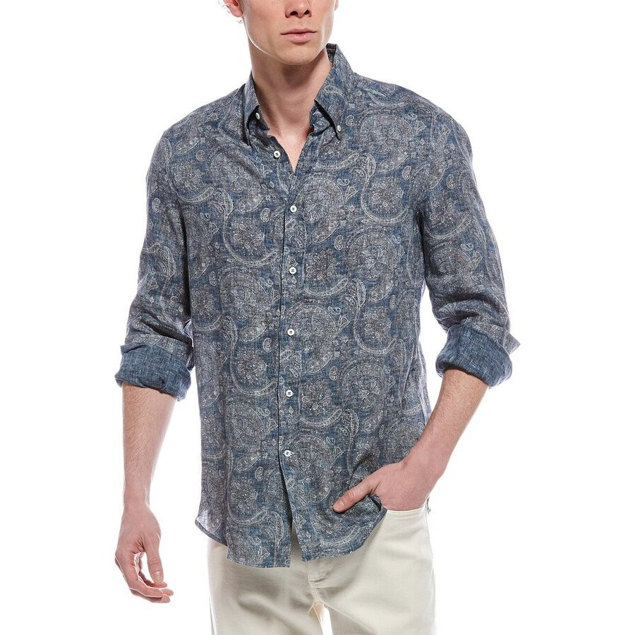 Brunello Cucinelli Denim Paisley Linen Button-Up Shirt, Size Small | Jomashop.com & JomaDeals.com