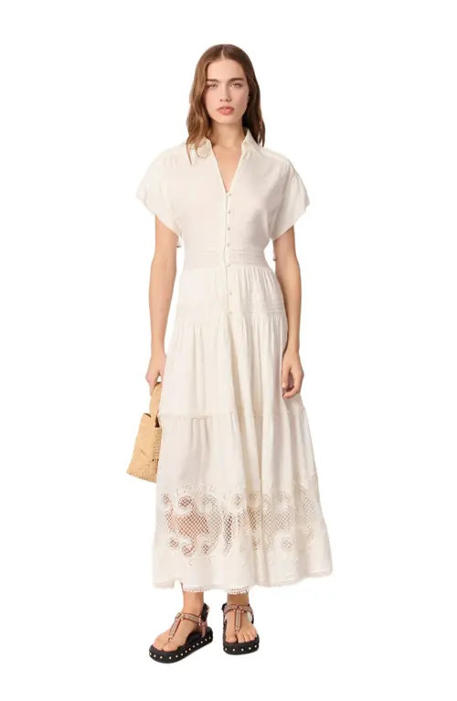 maje Embroidered ruffled maxi dress in Ecru at Nordstrom, Size 34 Eu | Nordstrom