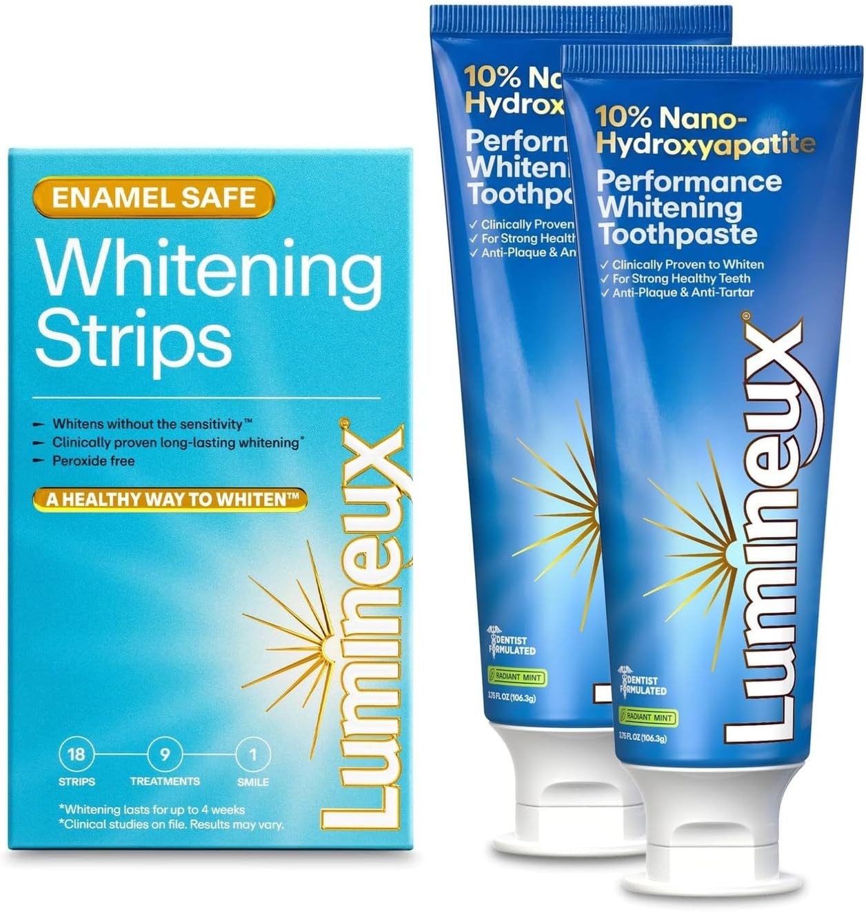 Lumineux Whitening Duo, 2pk 10% nHA Toothpaste 3.75 oz + 9 Whitening Strips | Amazon (US)