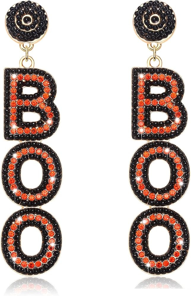 Halloween Earrings for Women Girls Sparkly Crystal Bead Halloween BOO Dangle Earrings Cute Black ... | Amazon (US)