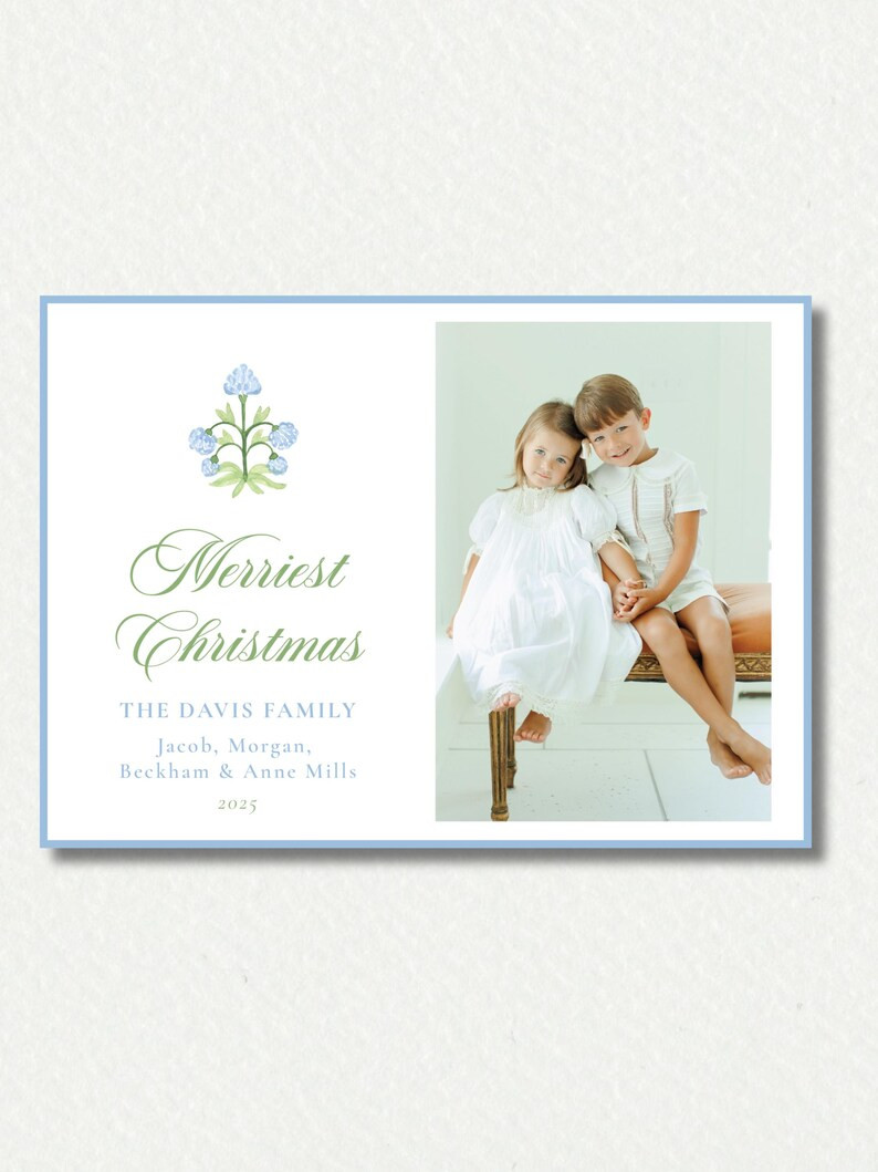 Green and Blue Block Print Christmas Card // Grandmillennial // Watercolor // Digital - Etsy | Etsy (US)