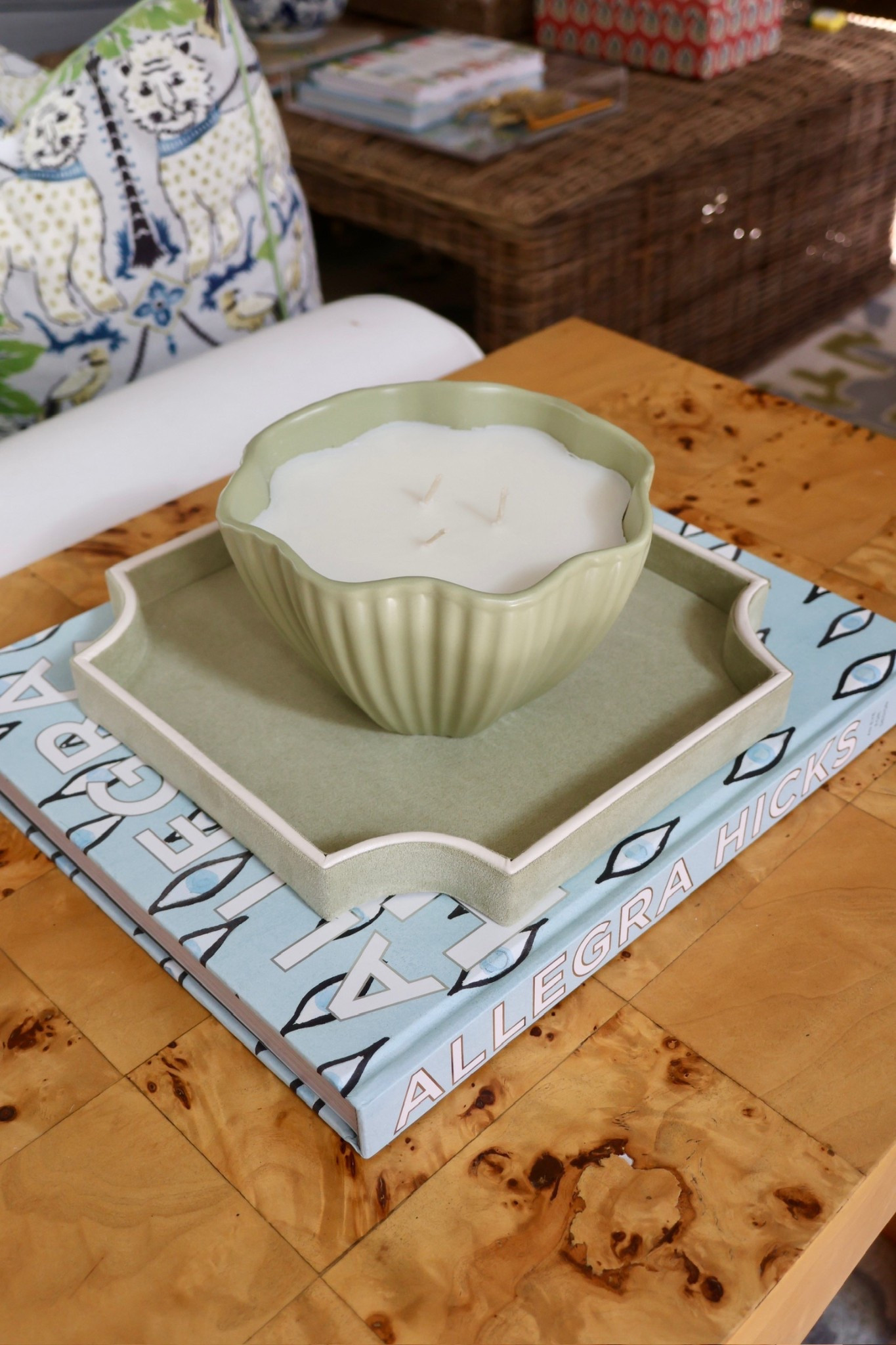 How I styled my green faux suede tray on my coffee table I layered a book and candle  

#LTKgrwm #LTKHome #LTKSeasonal