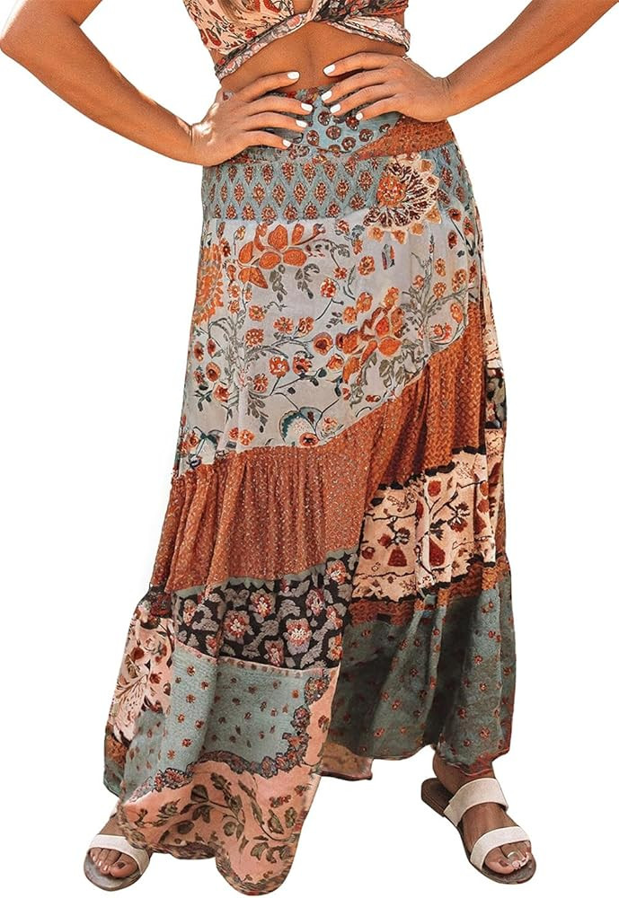 Happy Sailed Womens Floral Print Boho Maxi Skirt Elastic High Waist Pleated Ruffle Flowy Long Ski... | Amazon (US)