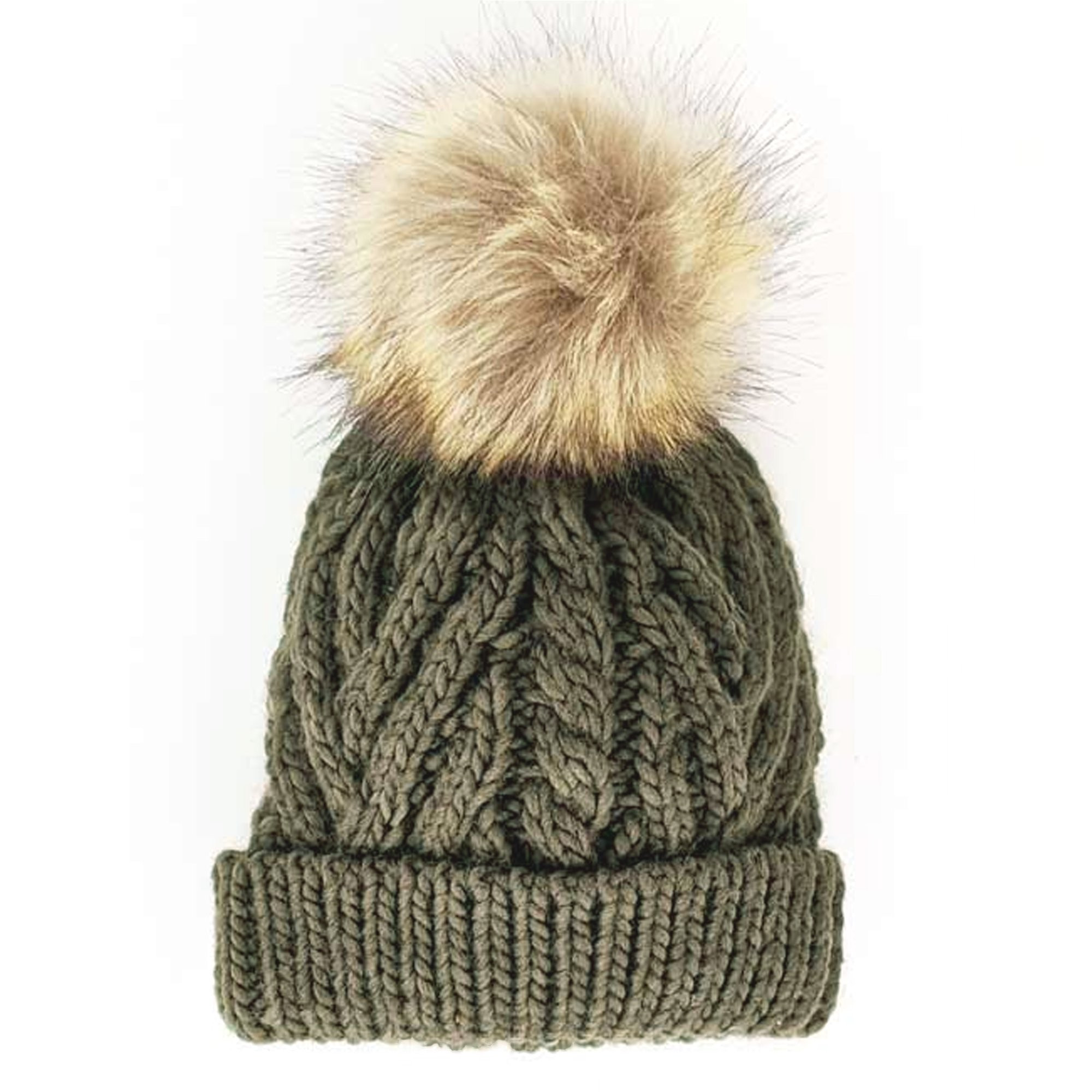 Cable Knit Fur Pom Hat, Loden | SpearmintLOVE