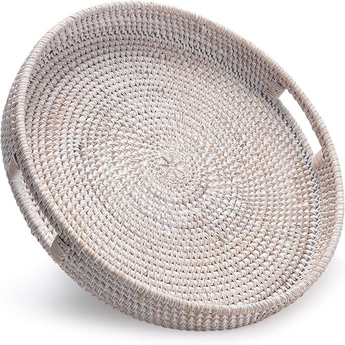 13.8 inch Round Rattan Tray, Decorative Coffee Table Tray, Ottoman Tray, Woven Serving Tray with ... | Amazon (US)