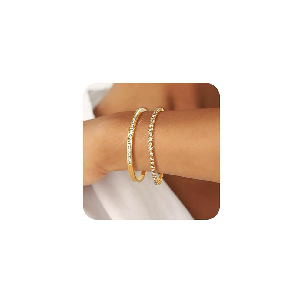 Gold Bracelets For Women 18K Gold Plated Bangle Tennis Bracelets Set,Adjustment Cubic Zirconia Te... | Amazon (US)