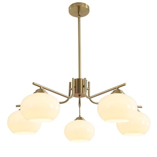 KCO Lighting 5-Light Globe Flush Mount Sputnik Chandelier Modern Brass Gold Pendant Lighting Fixture Milk Glass Ball Kitchen Island Chandelier Dining Room Light Fixture | Amazon (US)