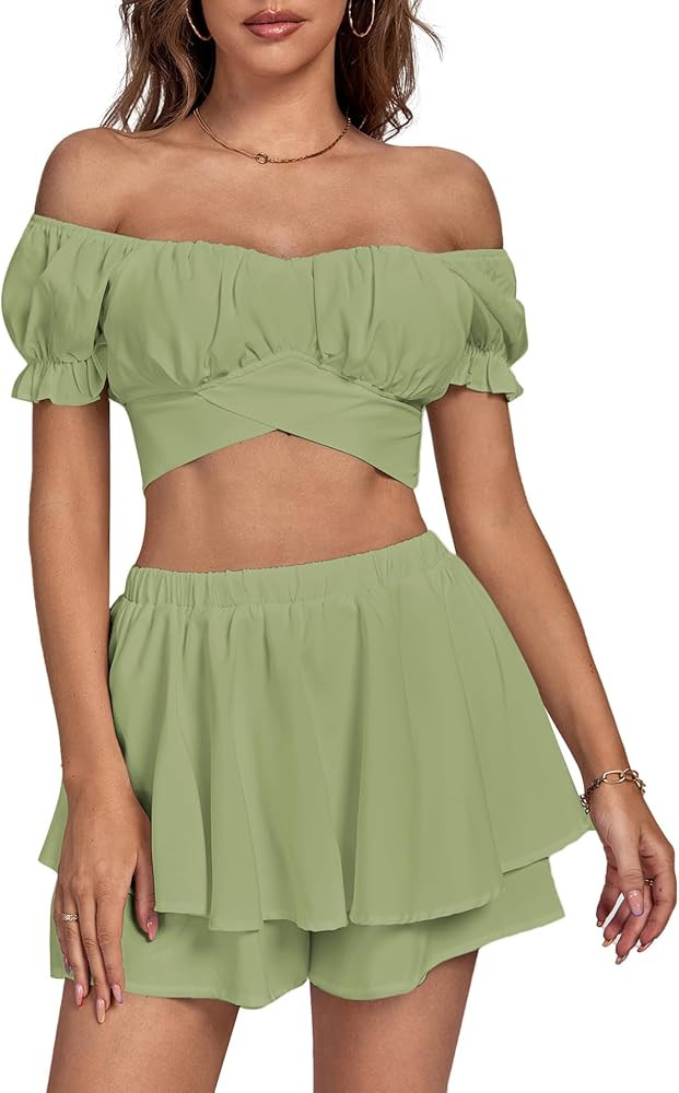 Umenlele Women's 2 Piece Outfits Off Shoulder Tie Waist Crop Top Tiered Ruffle Shorts Set | Amazon (US)