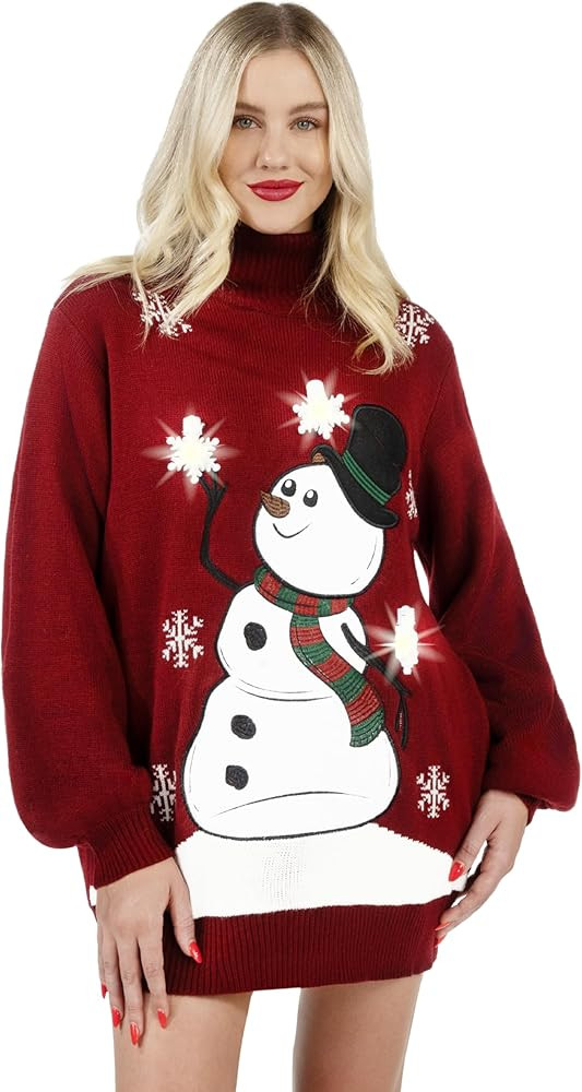 Giggling Getup Christmas Ugly Sweater Dress, 3D Snowman Women Turtleneck Loose Sweater | Amazon (US)