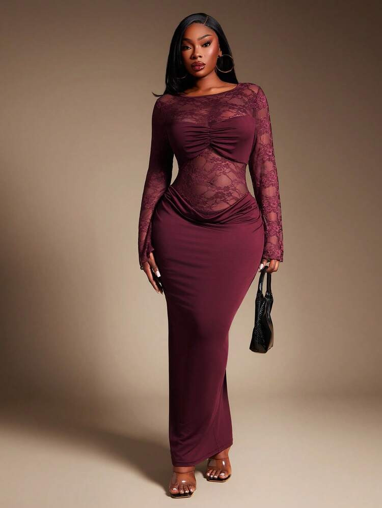 Radiana Plus Size Women's Sexy & Elegant Sheer Lace Patchwork Draped Knit Hem Burgundy Bodycon Dress, Suitable For Party, Gathering, Formal Occasion, Banquet, Ball, Vintage/Valentine's Day | SHEIN