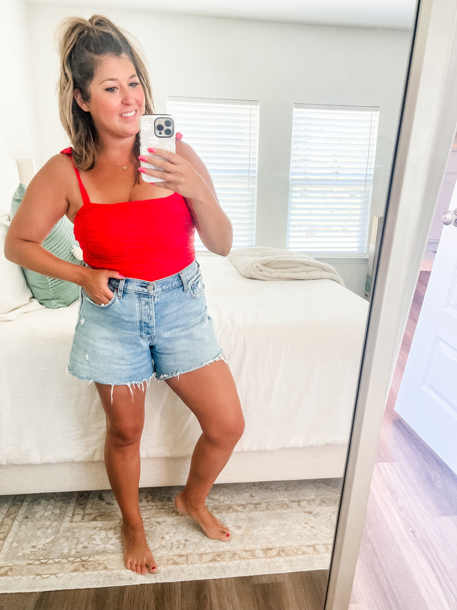 Pool day/beach day outfit, red swimsuit, vacation outfit, denim shorts 

Wearing large in swimsuit and 10/30 in shorts 

#LTKfindsunder50 #LTKstyletip #LTKswim