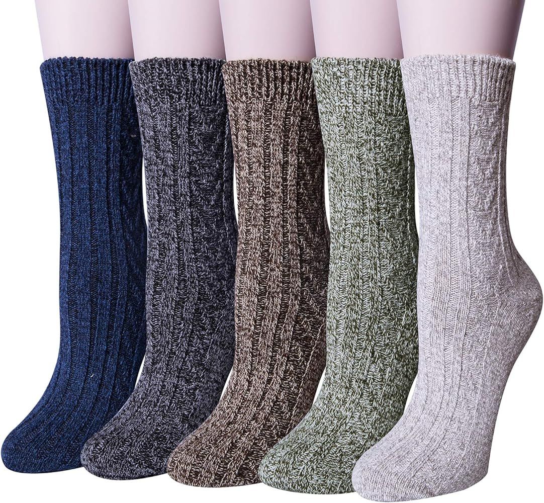 Loritta Pack of 5 Womens Winter Socks Warm Thick Knit Wool Soft Vintage Casual Crew Socks Gifts | Amazon (US)