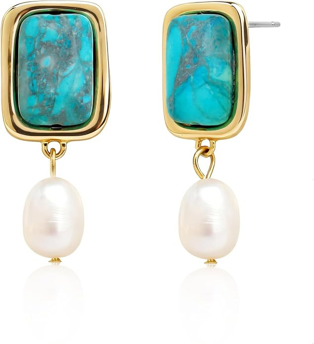 Sonateomber Gold Gemstone Dangle Drop Earrings for Women,Chunky Statement Pearl Square Natural St... | Amazon (US)