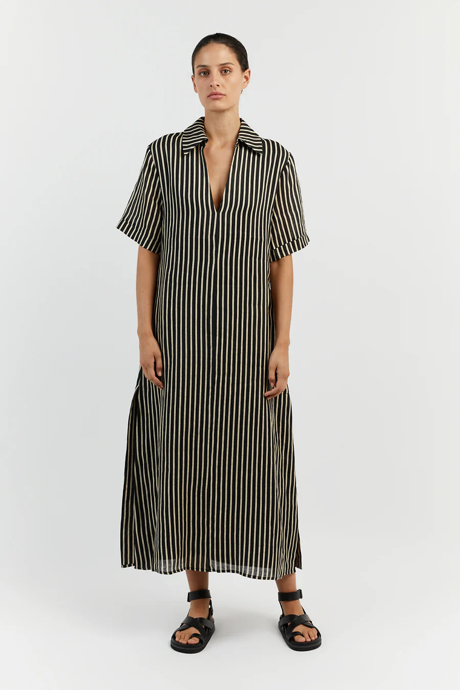 RORY BLACK LINEN SLEEVED MIDI DRESS | DISSH