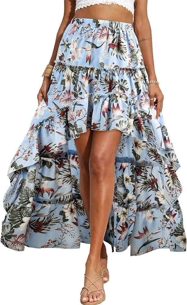 BTFBM Women 2024 Summer Spring Boho Long Skirts Dress Floral Print Elastic Waist Split Ruffle Hig... | Amazon (US)