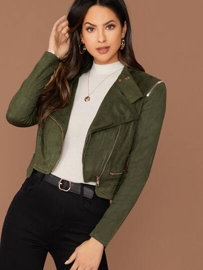 SHEIN Zip Front Suede Biker Jacket | SHEIN