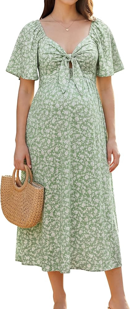 OUGES Women's Summer Maternity Dress for Photoshoot Bow Tie V Neck Floral Baby Shower Midi Dresse... | Amazon (US)