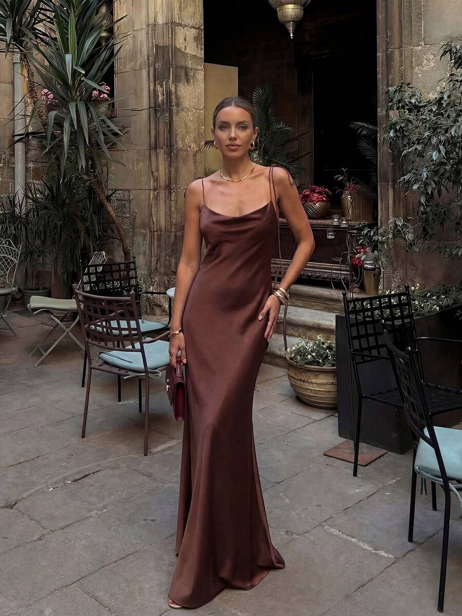 French Elegant Glossy Satin Brown Evening Gown, Cowl Neck Tie Strap Spaghetti Straps Back Zipper ... | SHEIN