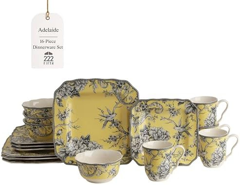 222 Fifth Adelaide 16-Piece Square Floral Dinnerware Set – Service for 4,Yellow Porcelain Plate... | Amazon (US)