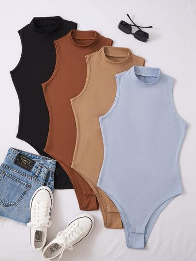Plus 4pcs Stand Neck Ribbed Knit Bodysuit | SHEIN