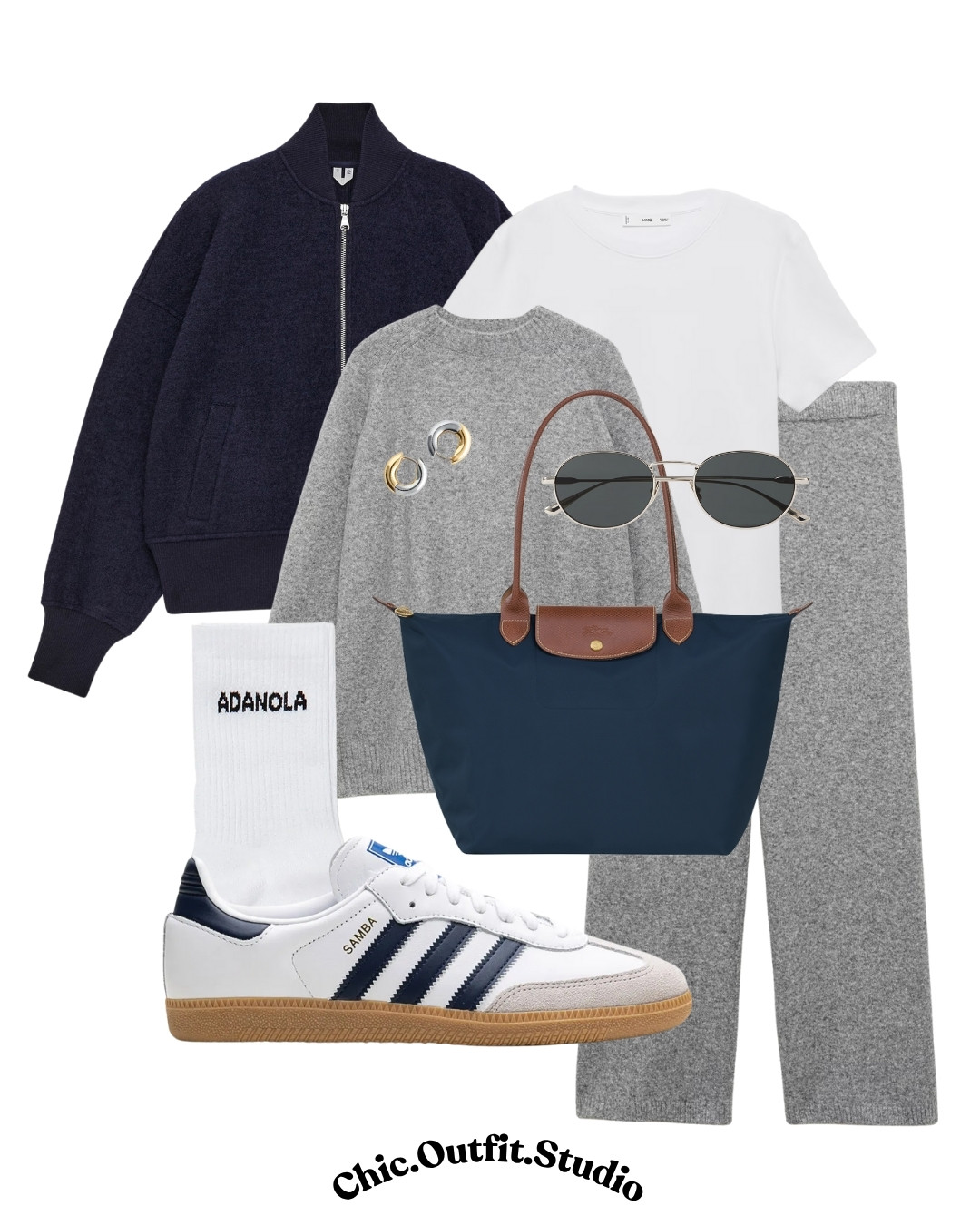 Effortless style for school drop-off, running errands, or a quick coffee.
Grey knit trousers + matching jumper, layered with a crisp white tee and finished with classic white & navy Adidas Sambas and a navy Longchamp bag because comfort and chic can totally coexist. 

 #LTKautumn #LTKstyletip #LTKshoes