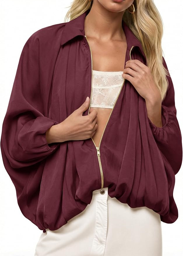 Tankaneo Womens Bomber Jackets Oversized Batwing Puffed Zip Up | Lightweight, Pleated, Lapel Coll... | Amazon (US)