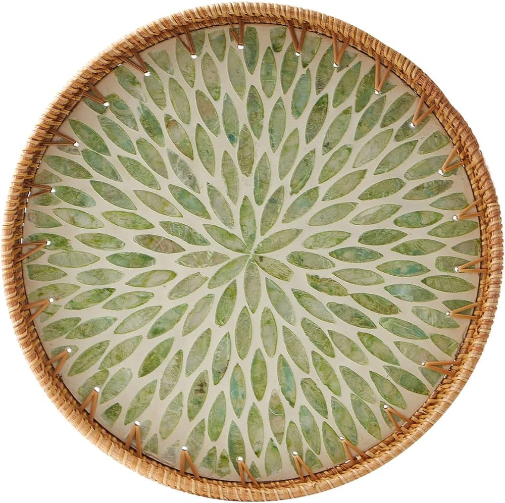 Round Rattan Tray with Mother of Pearl Inlay, Rattan Serving Tray with Wooden Base, Decorative Wi... | Amazon (US)