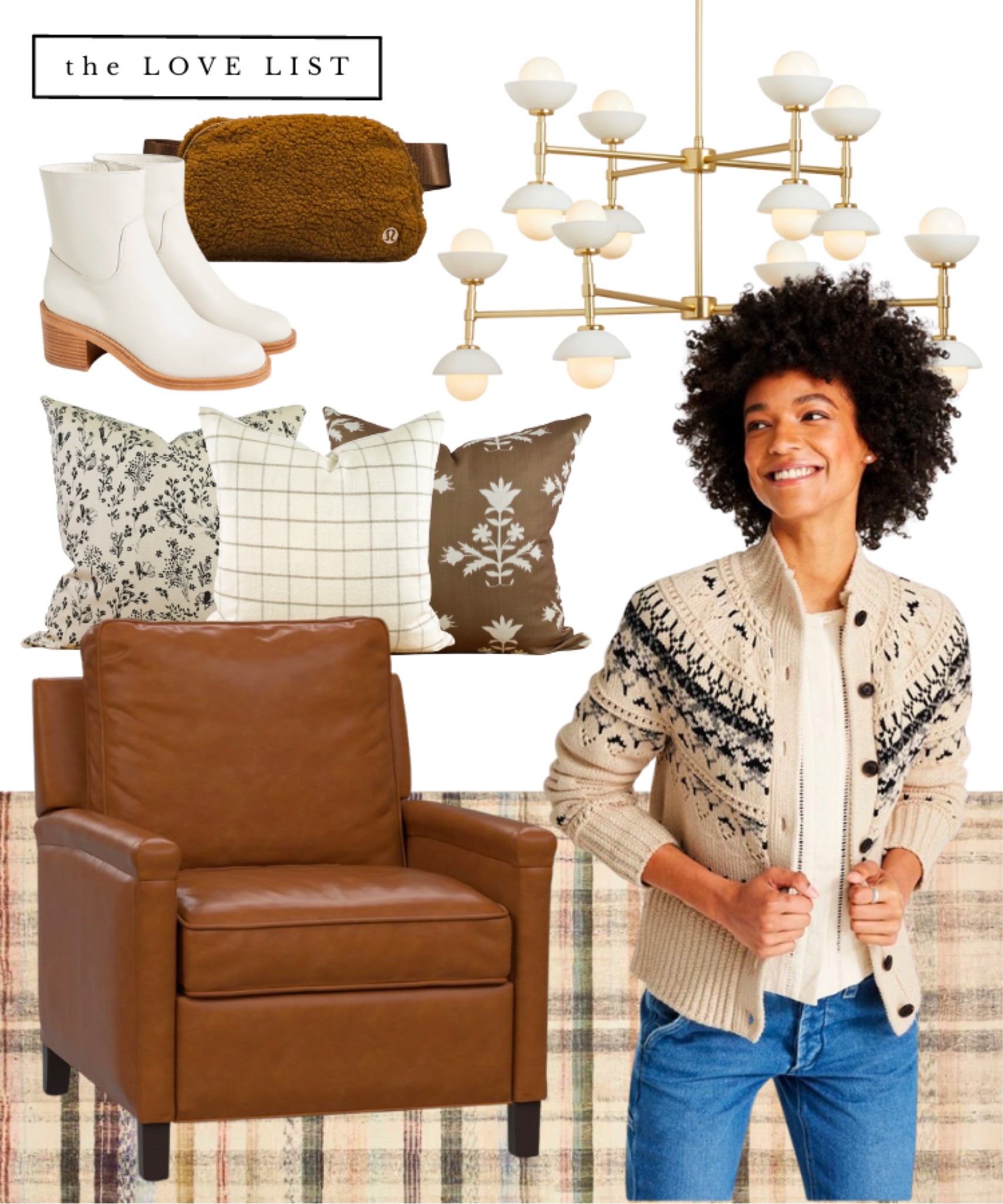 Coffee coloured hues keep you warm for fall. Keep cozy in the season’s must-have Lululemon belt bag in fleece, cream leather ankle boots, and a classic Fair Isle Fisherman’s sweater. A leather recliner, plaid area rug, and brown and beige accent pillows set a welcome mood. Finish off with a spectacular tiered modern chandelier. 

#LTKSeasonal #LTKhome
