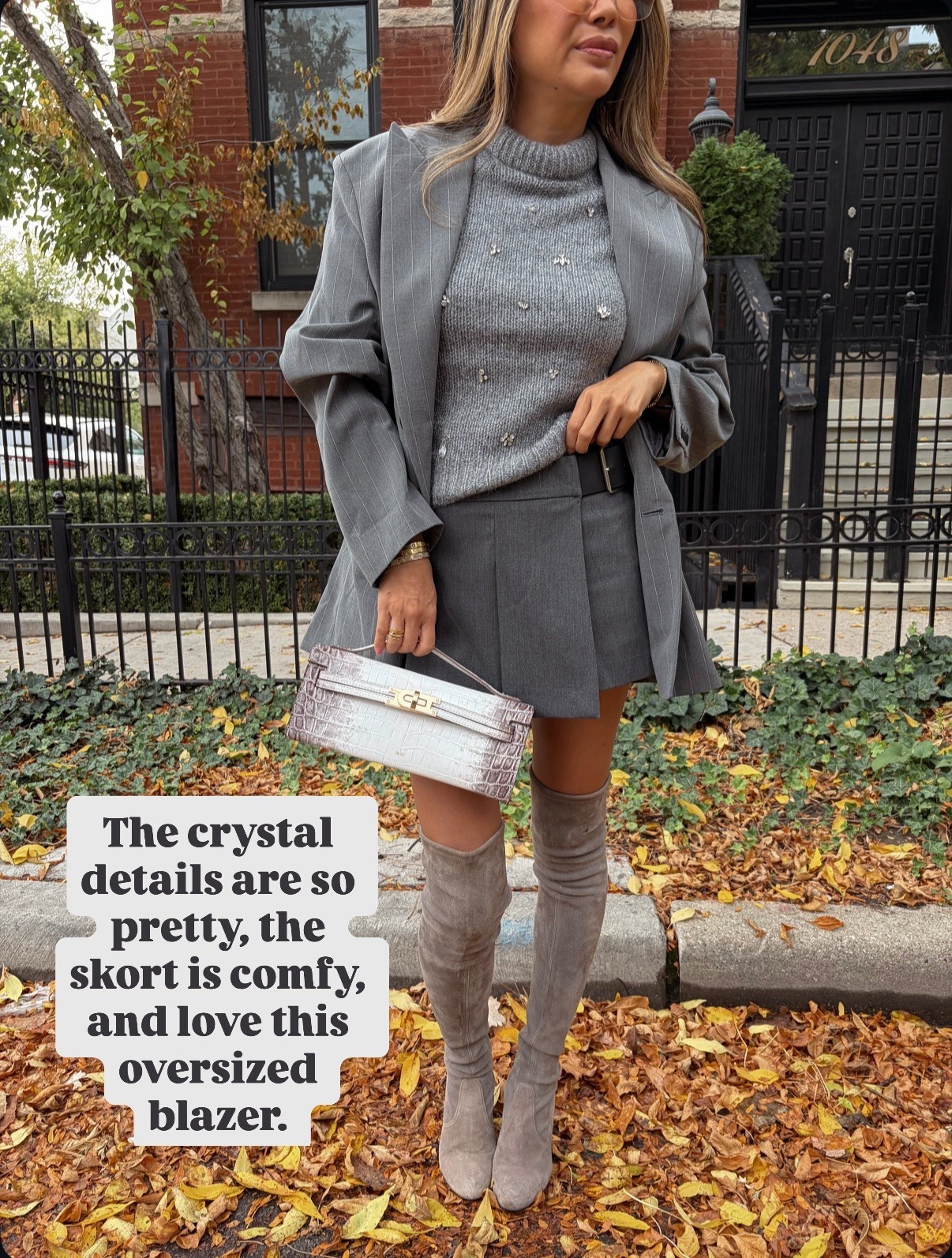 Gray outfit, oversized blazer, crystal sweater, pleated skort. Zara outfit, dude small in all  

#LTKHoliday #LTKStyleTip #LTKSeasonal