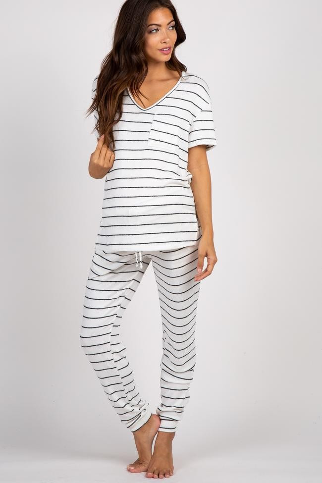 PinkBlush Ivory Striped Pocket Front Maternity Pajama Set | PinkBlush Maternity
