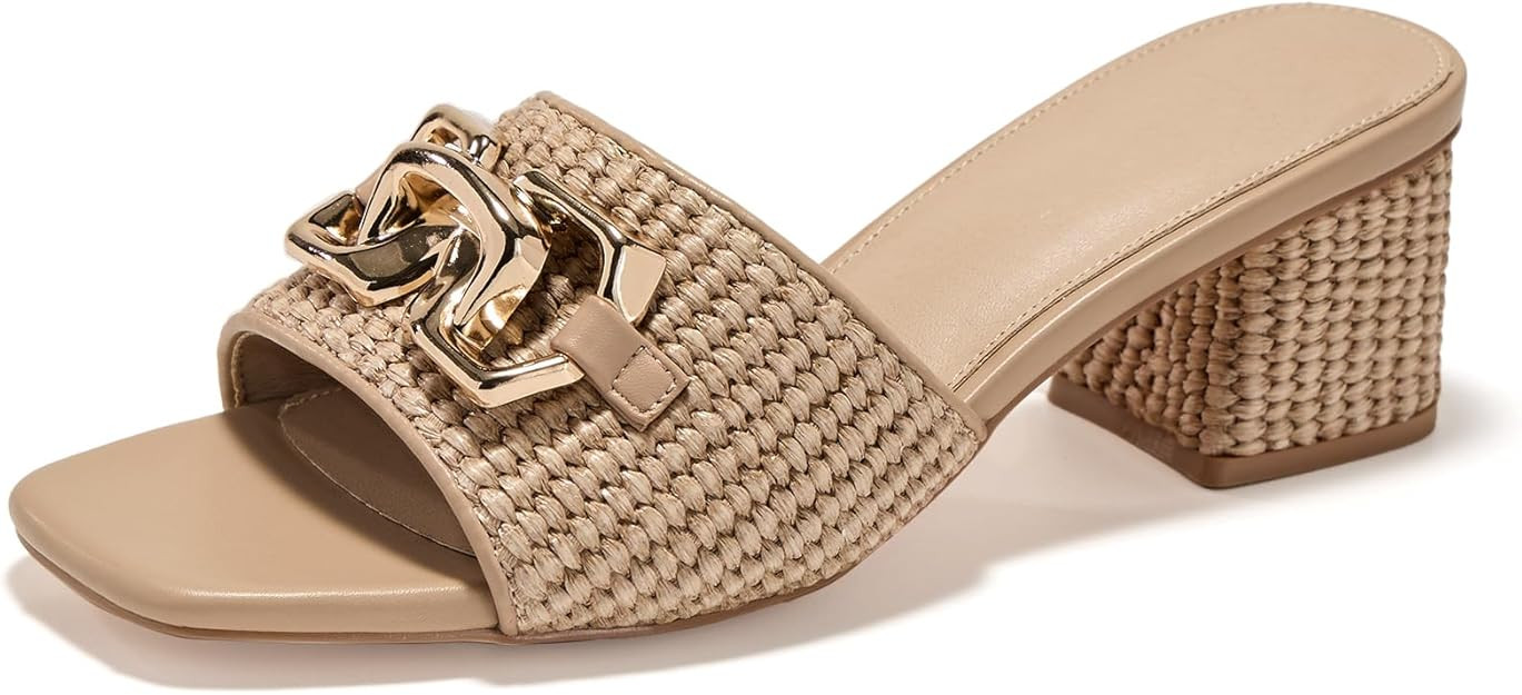 Women's Raffia Slide Sandals Square Open Toe Sandal Chunky Heeled Metal Chain Dressy Shoes | Amazon (US)