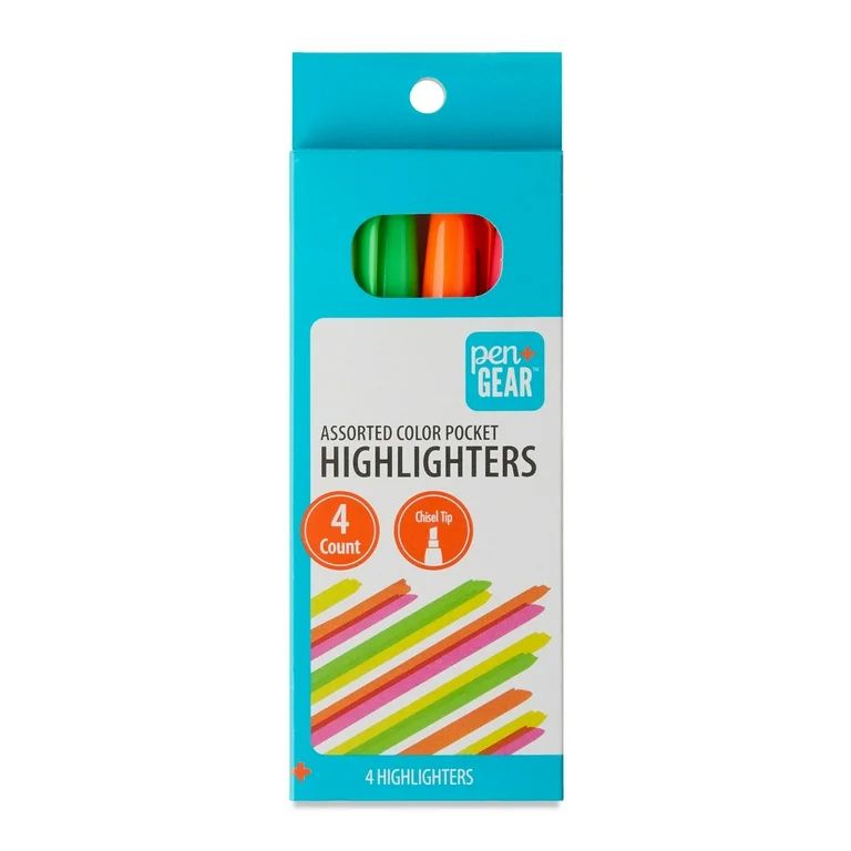 Pen+Gear Pocket Highlighters, Chisel Tip, Assorted Colors, 4 Count | Walmart (US)