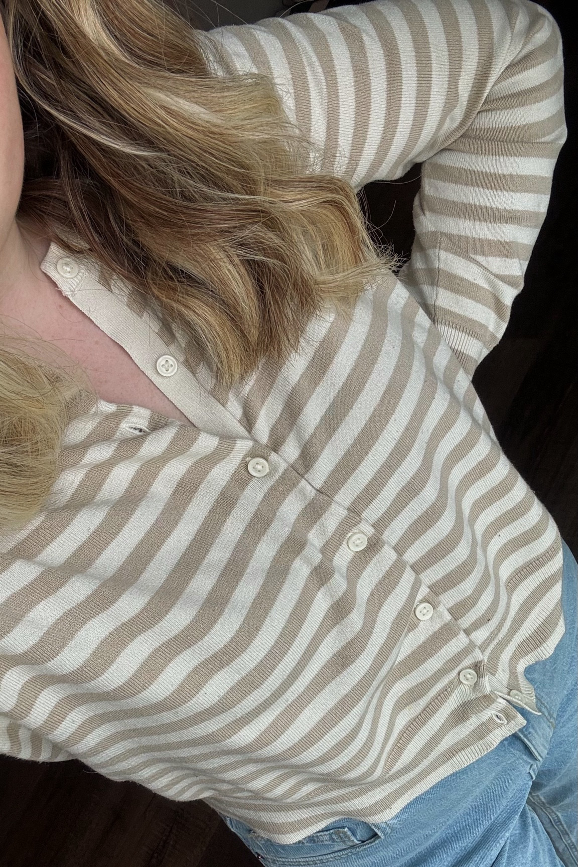 best basic sweater from h&m, sold out in these stripes but available in other colors. only 14.99! 

zara express target nursing friendly button down knit sweater 