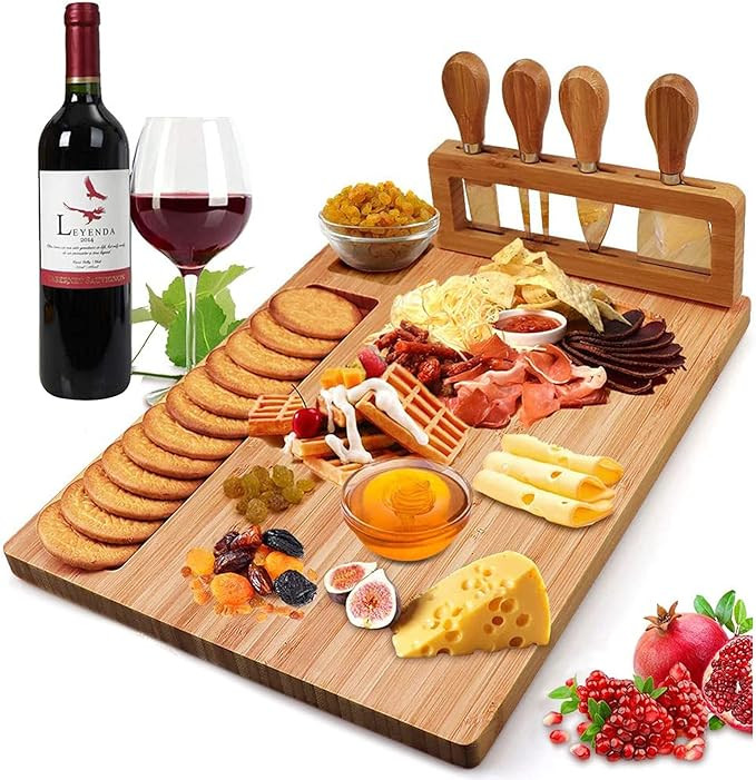 Bamboo Cheese Board Set, Cheese Tray, Charcuterie Board and Serving Meat Platter with 4 Stainless... | Amazon (US)