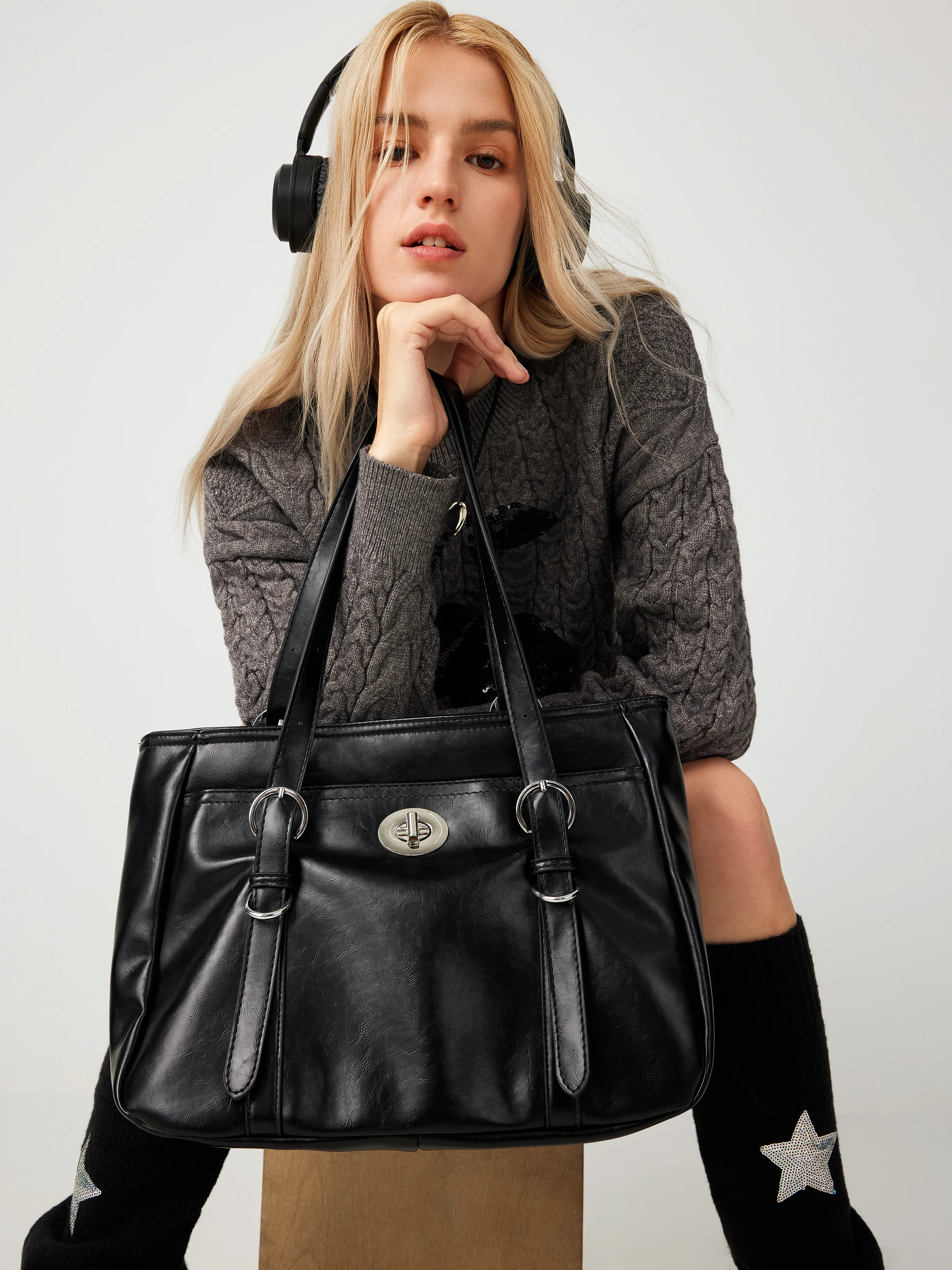 Faux Leather Large Capacity Tote Bag For School Coffee Shop Work Holiday | Cider