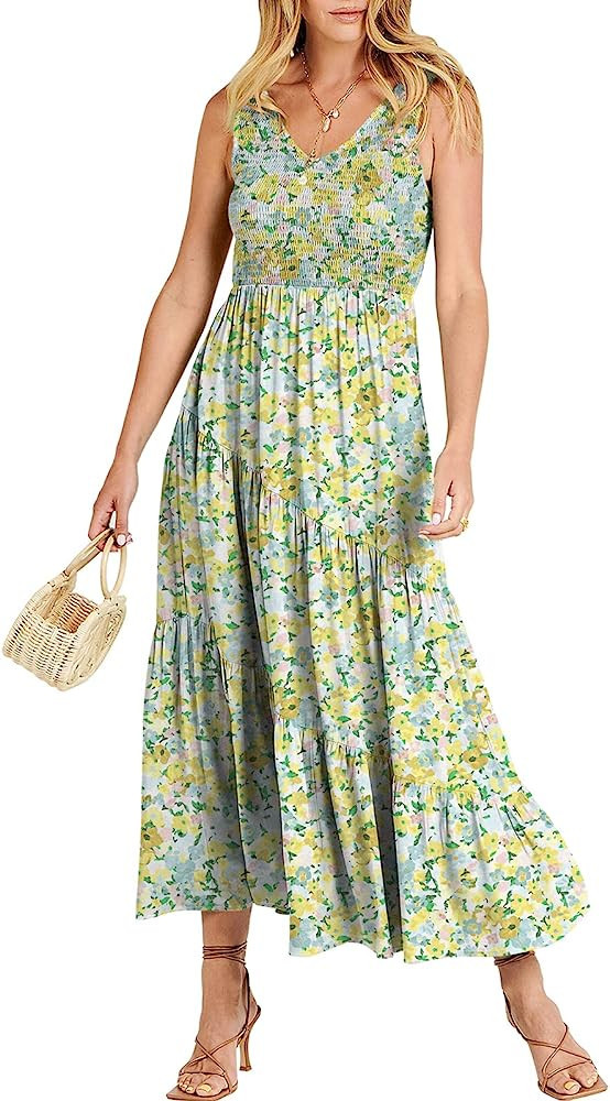 ANRABESS Women's Summer Casual Sleeveless V Neck Smocked Boho Asymmetric Tiered Beach Long Dress ... | Amazon (US)