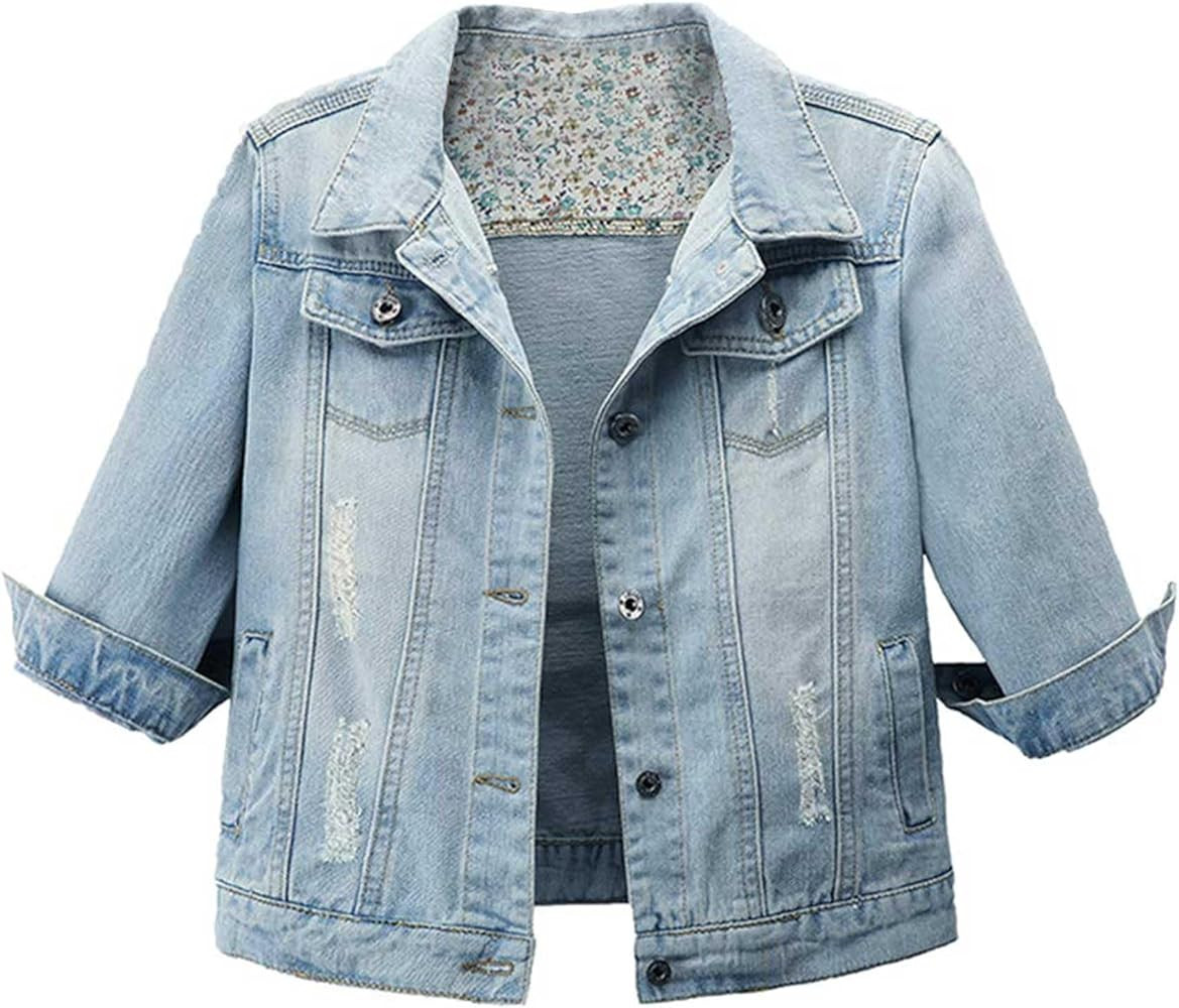 Hixiaohe Women Autumn 3/4 Sleeve Retro Short Denim Jackets Light Blue Jean Coats | Amazon (US)