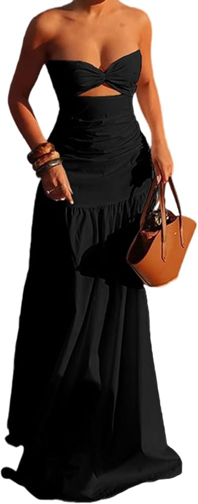LROSEY 2025 Summer Beach Strapless Maxi Dress Cut Out Tube Long Dresses for Women Wedding Guest | Amazon (US)