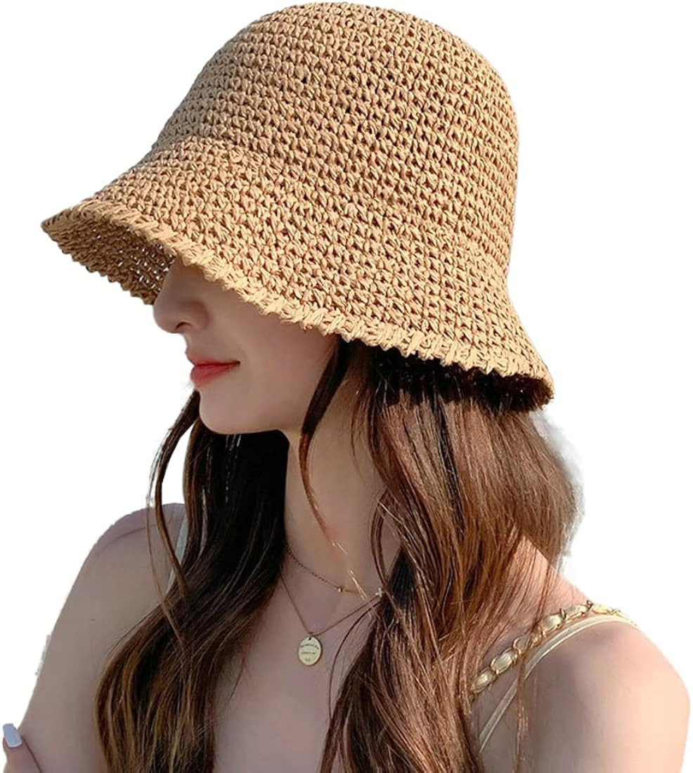 Womens Straw Sun Hat Woven Bucket Hat Fishing Hat Beach Hat Foldable Cap Summer Caps | Amazon (US)