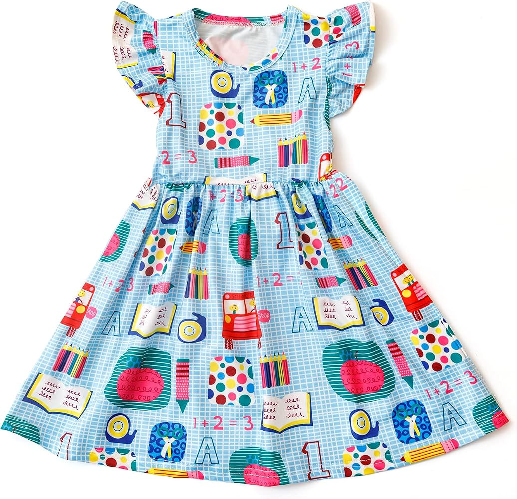 Toddler Girls Back to School Apple Pencil Dress Causal Flutter Sleeve Ruffle Bottom Dress Summer ... | Amazon (US)