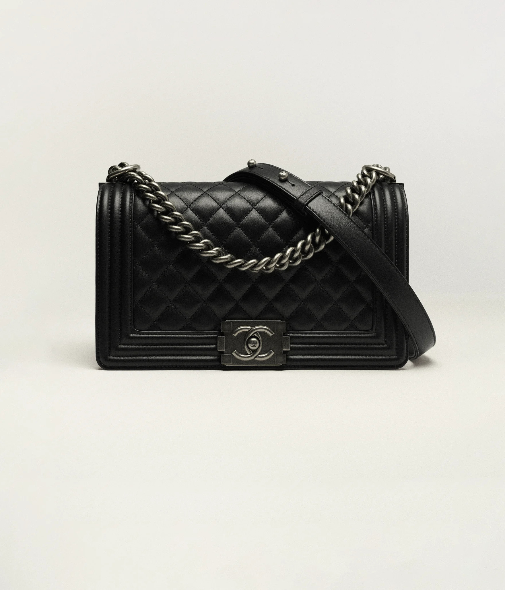 Boy chanel handbag, Calfskin & ruthenium-finish metal, black — Fashion | CHANEL | Chanel, Inc. (US)